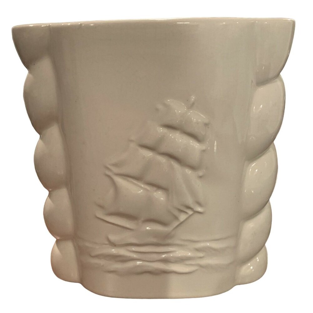 Vintage Abingdon Pottery Vase Beige 7" PLANTER Sailing SHIP Nautical Design